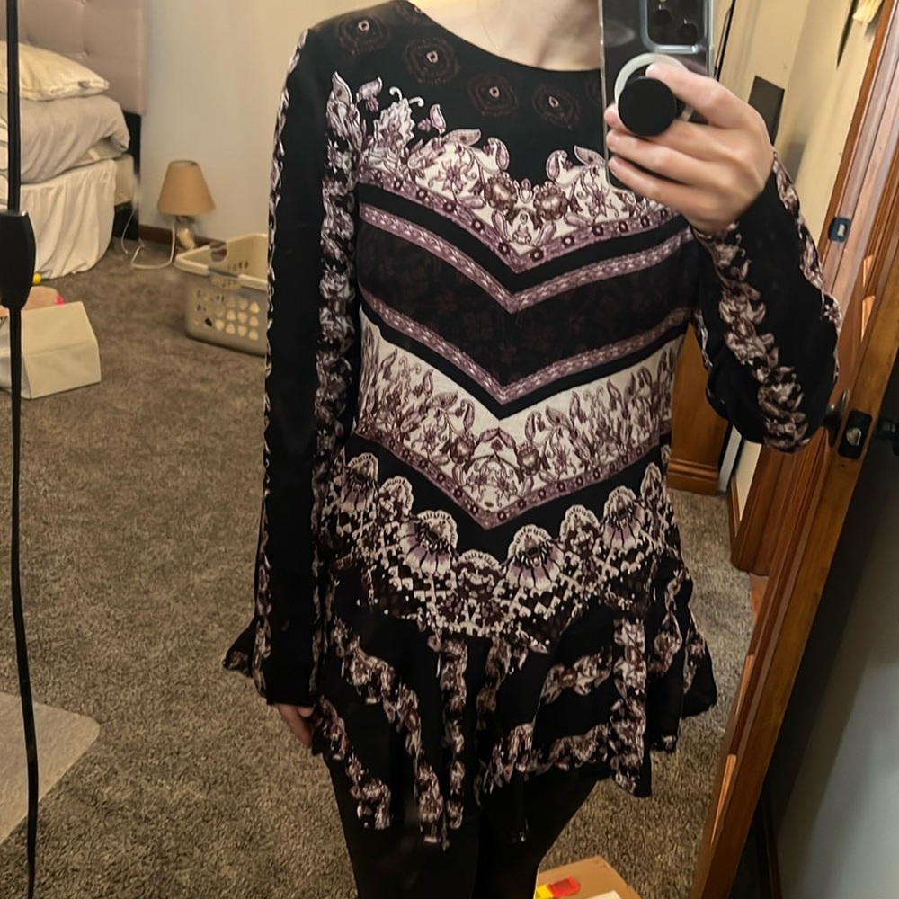 Free People Smooth Talker Tunic Top Floral Long Sleeve Open Back Black Women's M